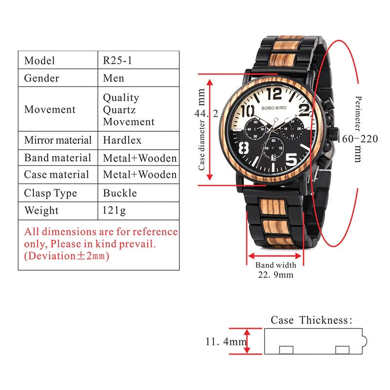 Wooden Stainless Steel Mens Watch